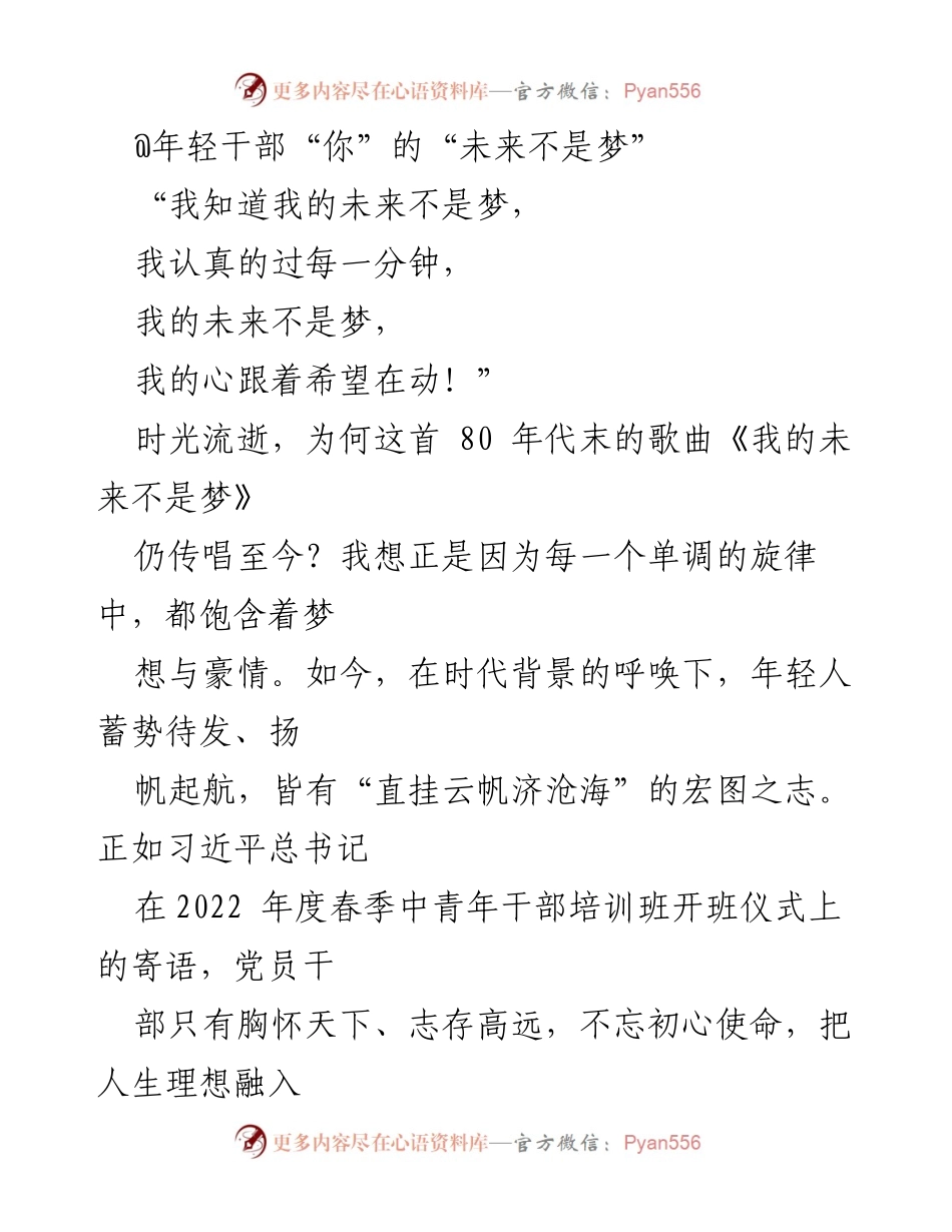 [发言] 年轻干部培训班 - 年轻干部的理想与奋斗：未来不是梦.docx_第1页