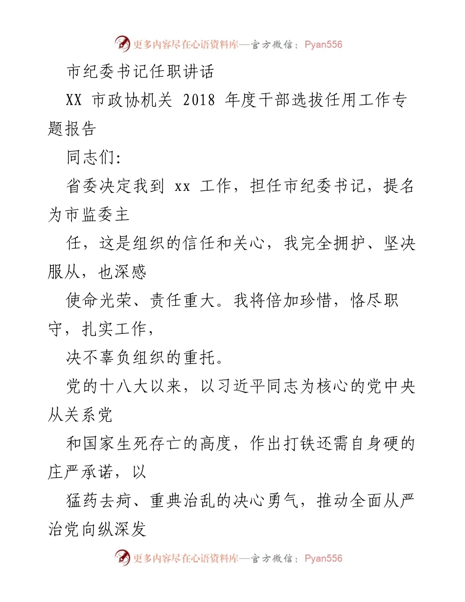 [发言] 市纪委书记任职 - 市纪委书记任职讲话要点与工作承诺.docx_第1页
