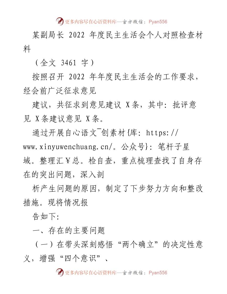[发言] 年度民主生活会 - 副局长2022年度个人对照检查材料.docx_第1页