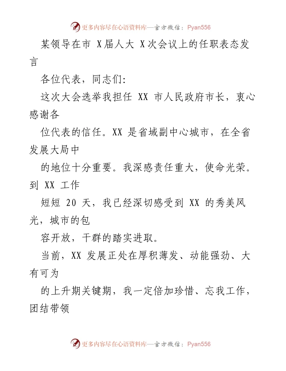 [发言] 市 X届人大 X次会议 - 新任市长的使命与承诺.docx_第1页