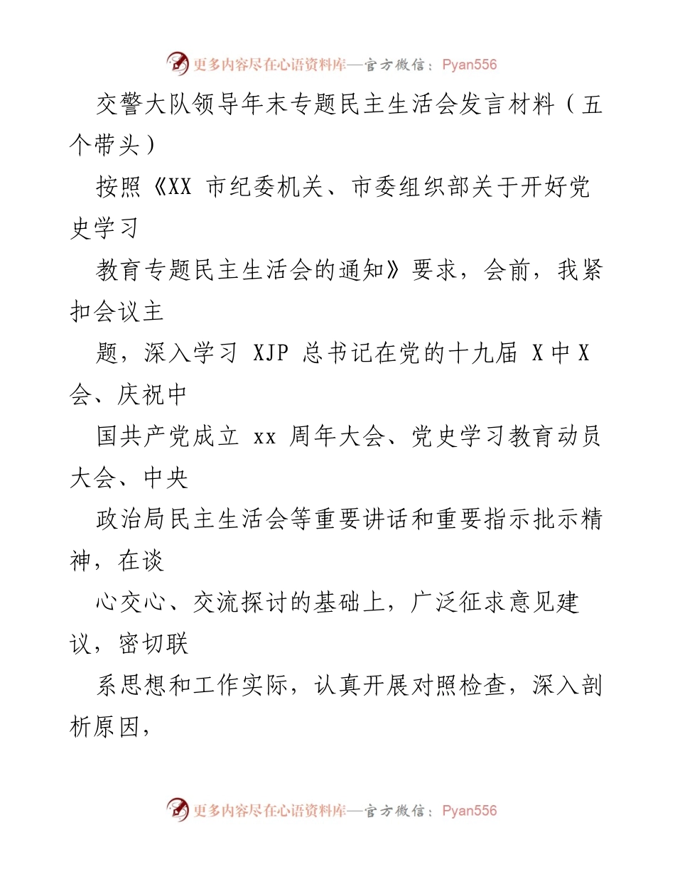 [发言] 年末专题民主生活会 - 交警大队领导年末民主生活会发言材料：深刻剖析与整改措施.docx_第1页