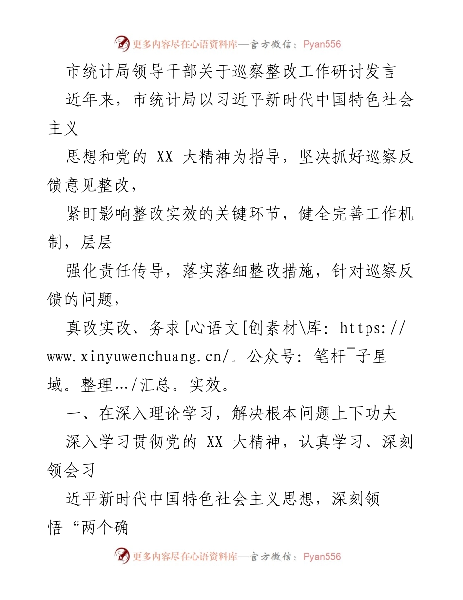 [发言] 市统计局巡察整改工作研讨 - 强化责任落实，推动统计工作实效.docx_第1页