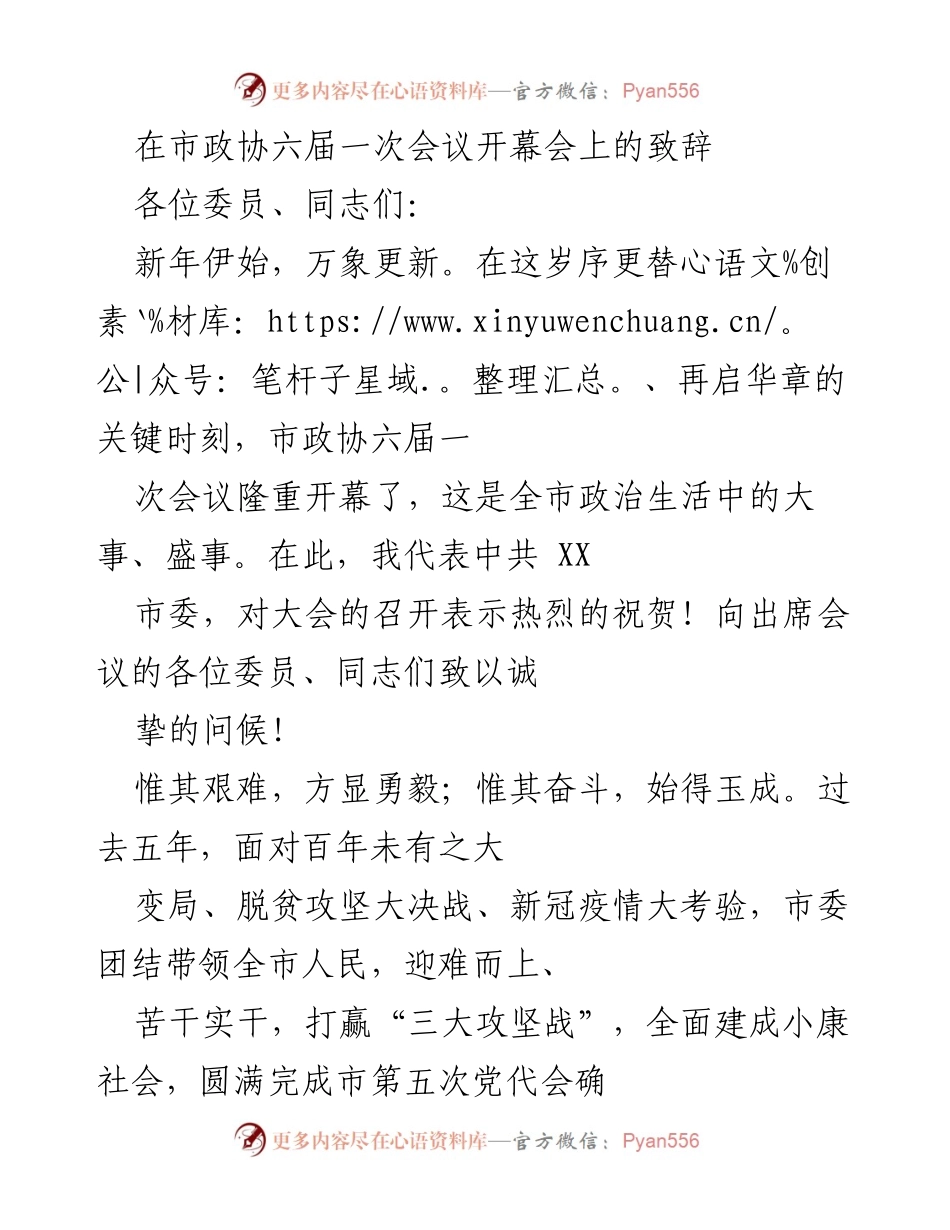 [发言] 市政协六届一次会议 - 新年致辞：团结奋斗谱写发展新篇章.docx_第1页