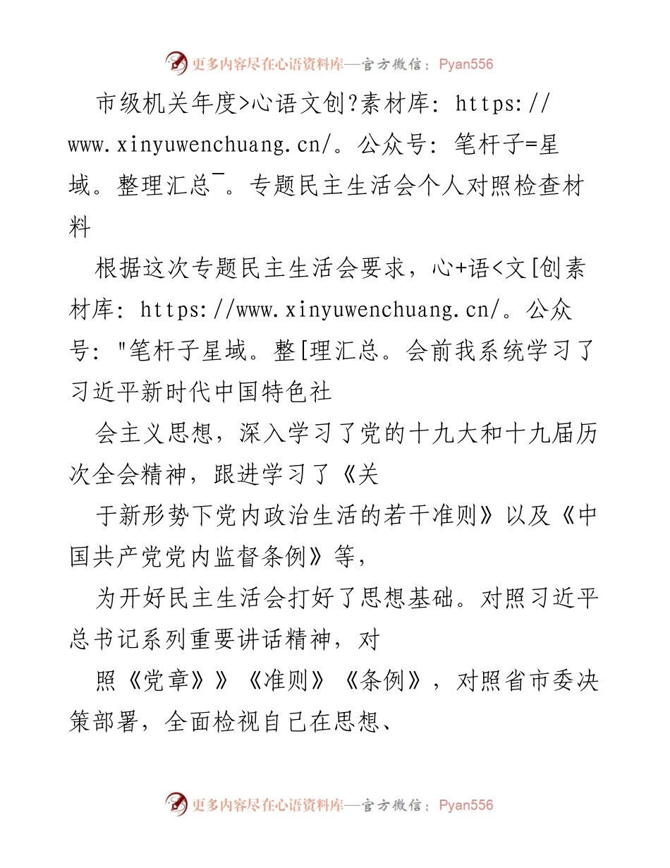 [发言] 市级机关年度专题民主生活会 - 个人对照检查材料总结.docx_第1页