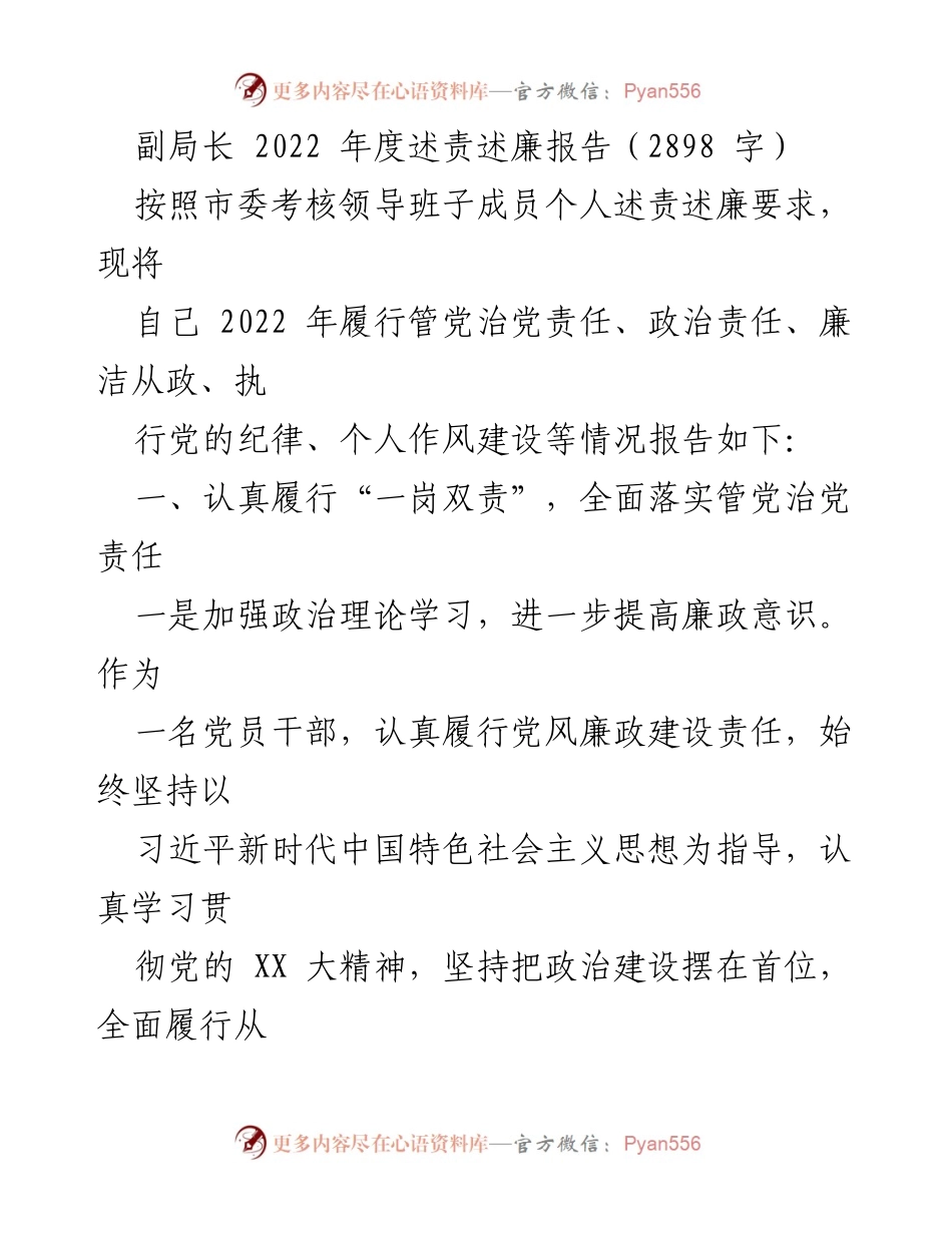 [发言] 年度述责述廉 - 2022年度副局长述责述廉报告.docx_第1页