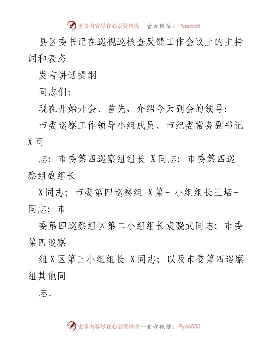 [发言] 巡视巡核查反馈工作会议 - 强调巡察反馈的重要性与整改决心.docx_第1页