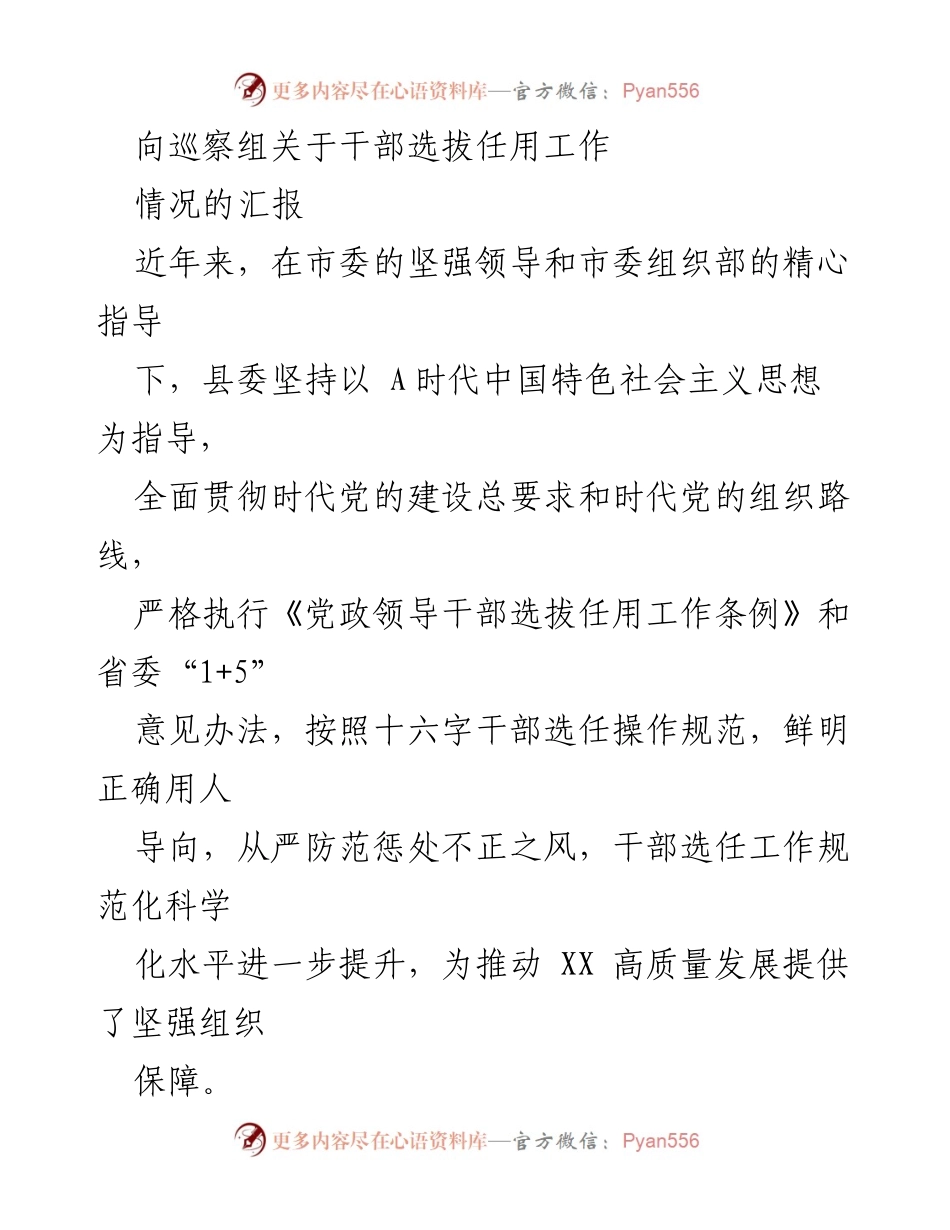 [发言] 巡察组汇报 - 关于干部选拔任用工作的情况汇报.docx_第1页