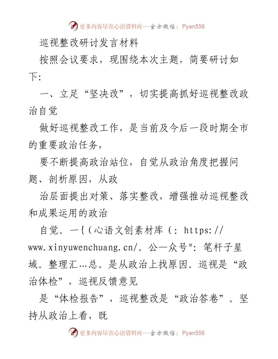 [发言] 巡视整改研讨会 - 提高政治自觉，攻坚克难落实巡视整改.docx_第1页