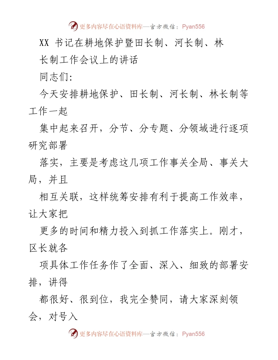 [发言] 工作会议 - 深入践行生态文明思想，统筹推进耕地保护与长制工作.docx_第1页
