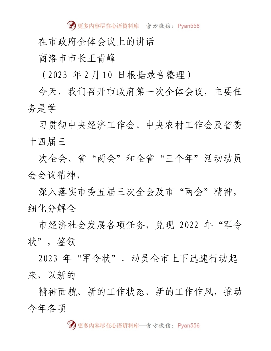 [发言] 市政府全体会议 - 商洛市政府全体会议讲话：推动经济社会发展新任务落实.docx_第1页