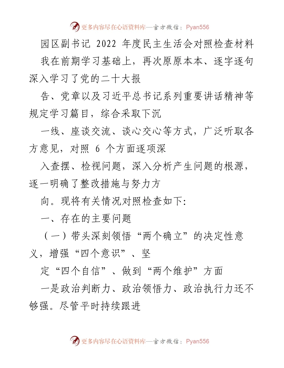 [发言] 年度民主生活会 - 园区副书记2022年度民主生活会对照检查总结.docx_第1页