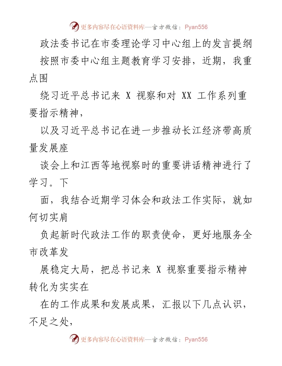 [发言] 市委理论学习中心组 - 加强政治建设，服务改革发展：政法工作的使命与责任.docx_第1页