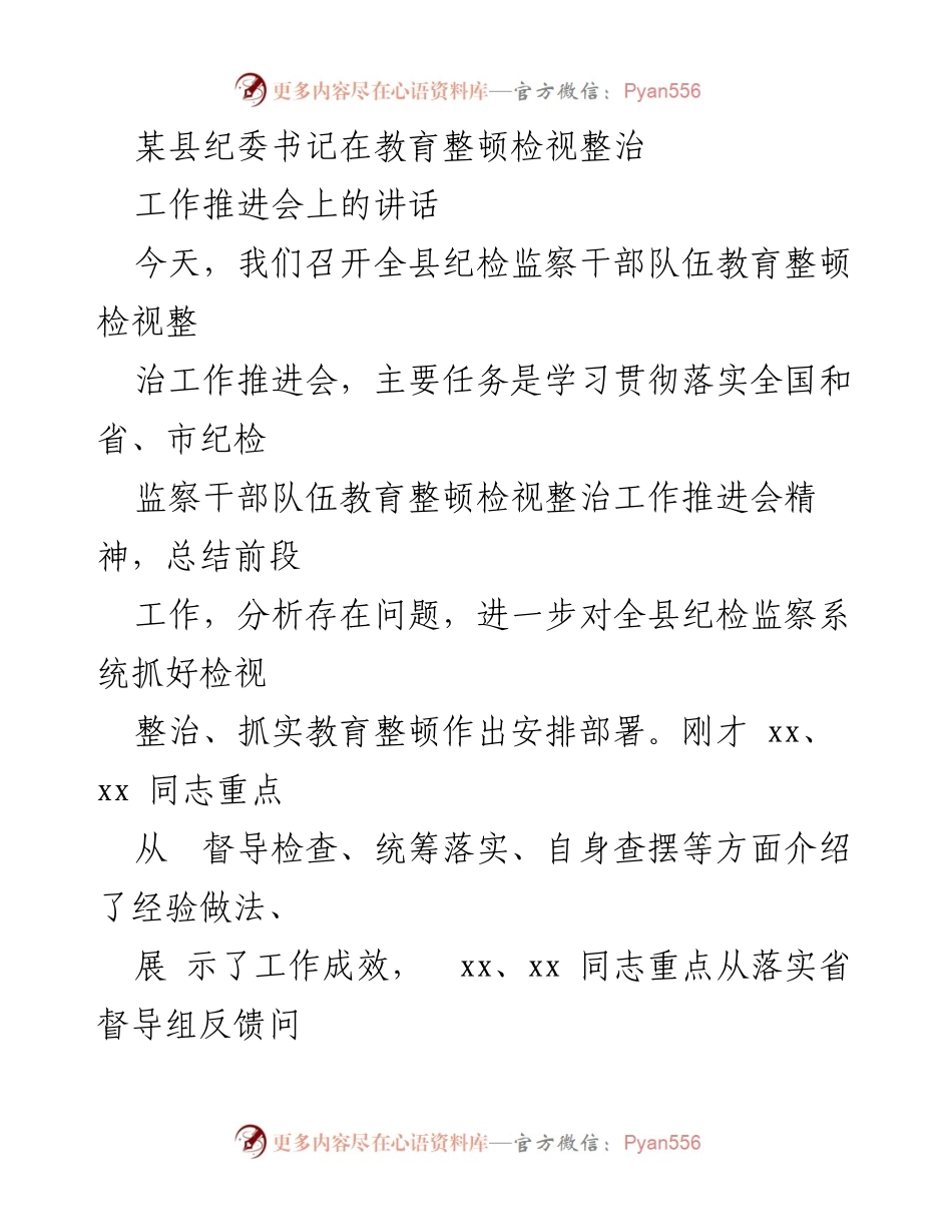 [发言] 工作推进会 - 加强纪检监察干部队伍教育整顿的检视整治工作.docx_第1页