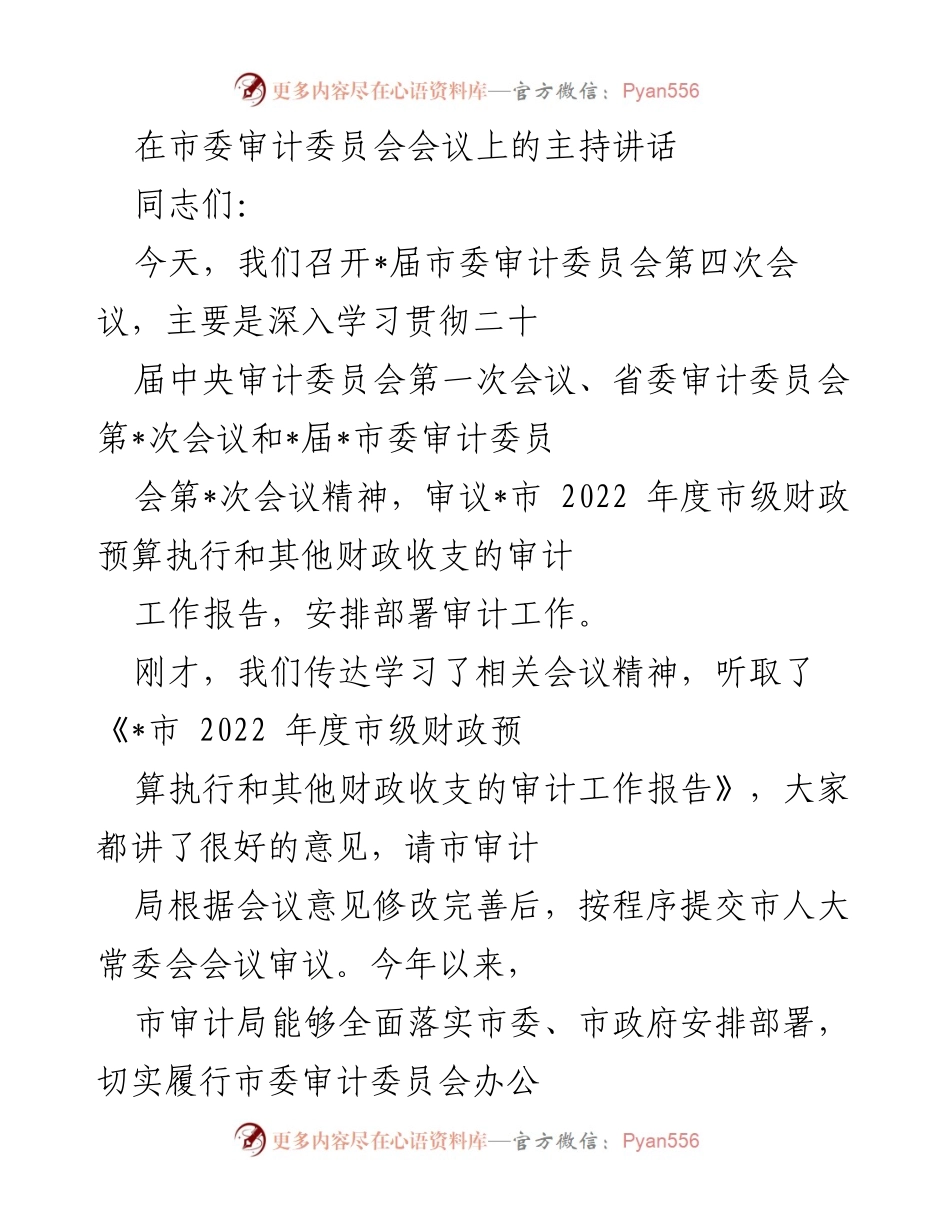 [发言] 市委审计委员会会议 - 深入学习贯彻审计工作精神，推动财政审计高质量发展.docx_第1页