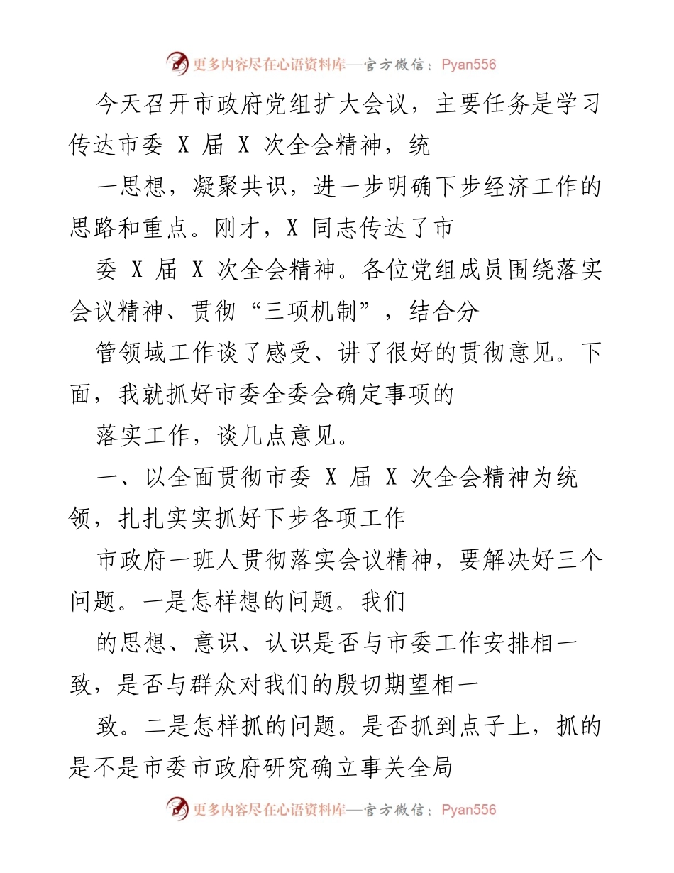 [发言] 市政府党组扩大会议 - 学习贯彻市委全会精神，推动经济工作落实.docx_第1页