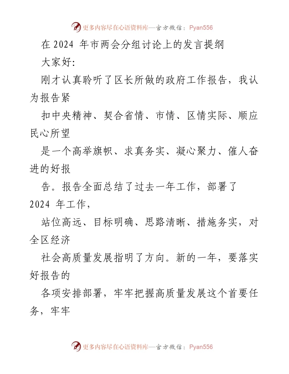 [发言] 市两会分组讨论 - 深入解读政府工作报告，推动高质量发展.docx_第1页