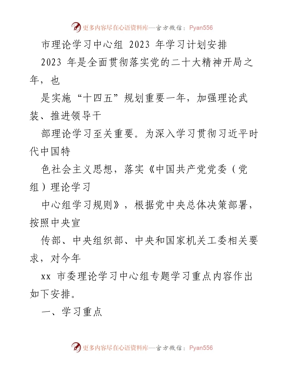 [发言] 市理论学习中心组 - 2023年理论学习计划安排与重点内容.docx_第1页
