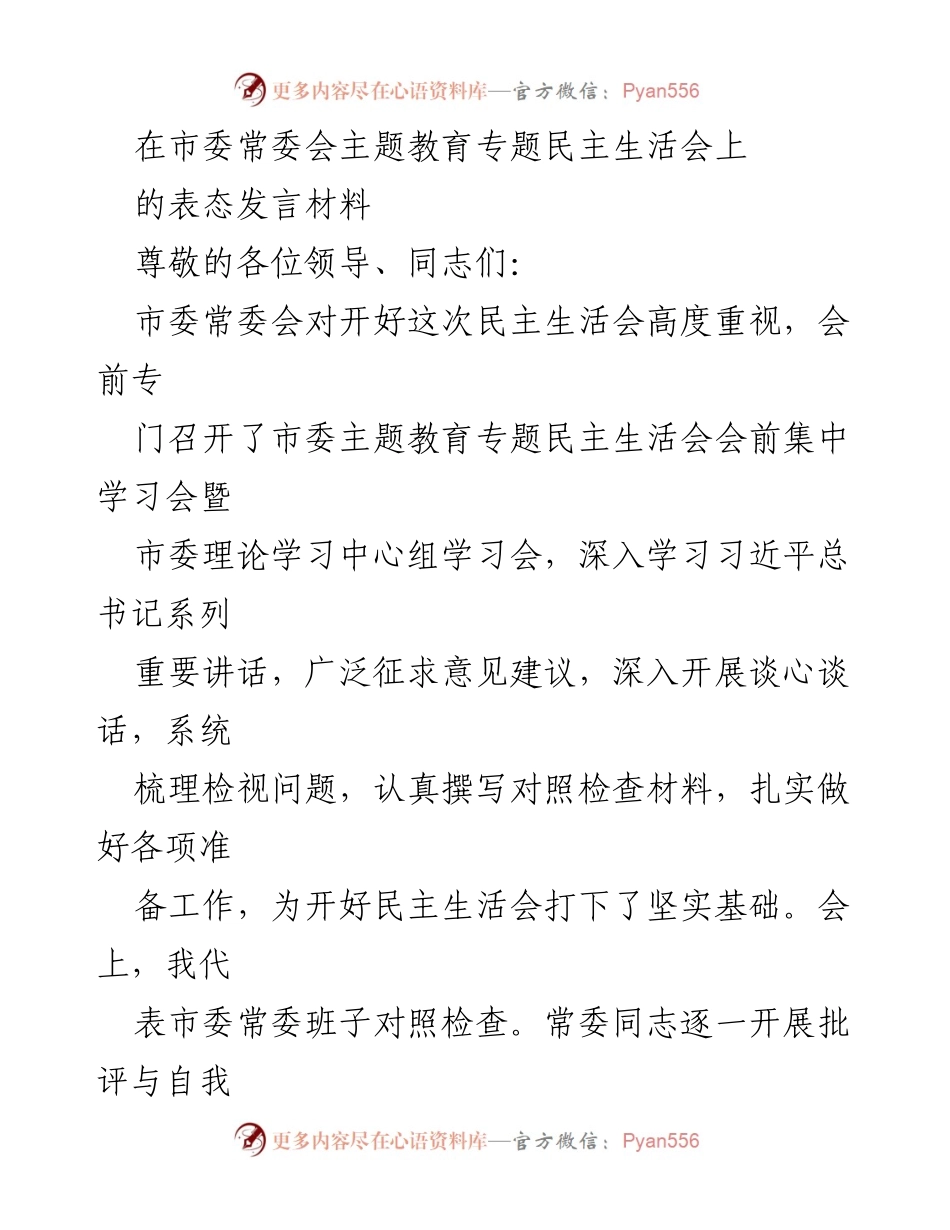 [发言] 市委常委会主题教育专题民主生活会 - 坚定政治方向，扎实整改落实.docx_第1页