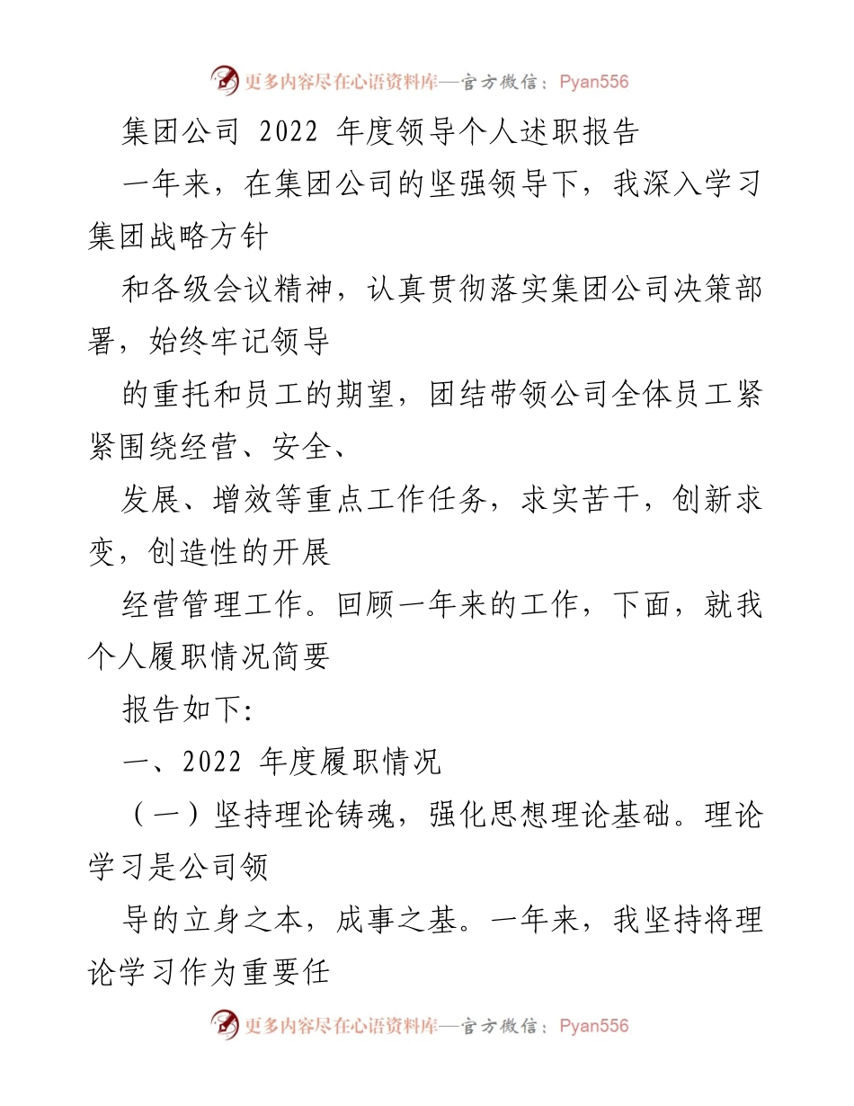 [发言] 年度述职 - 2022年度领导个人述职报告总结与反思.docx_第1页