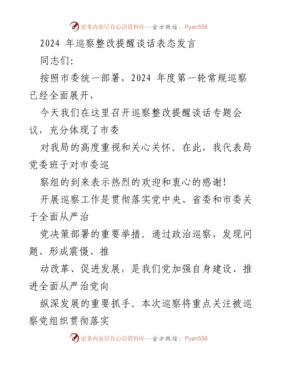 [发言] 巡察整改提醒谈话专题会议 - 全力配合巡察工作，推动整改落实.docx_第1页