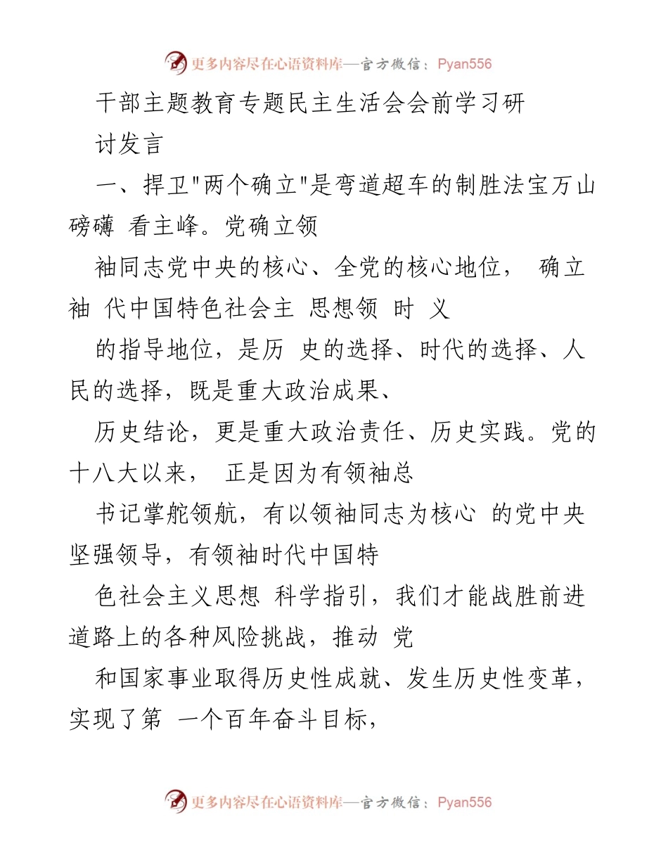[发言] 干部主题教育专题民主生活会 - 坚定捍卫“两个确立”，坚持人民至上，推动新时代中国特色社会主义发展.docx_第1页