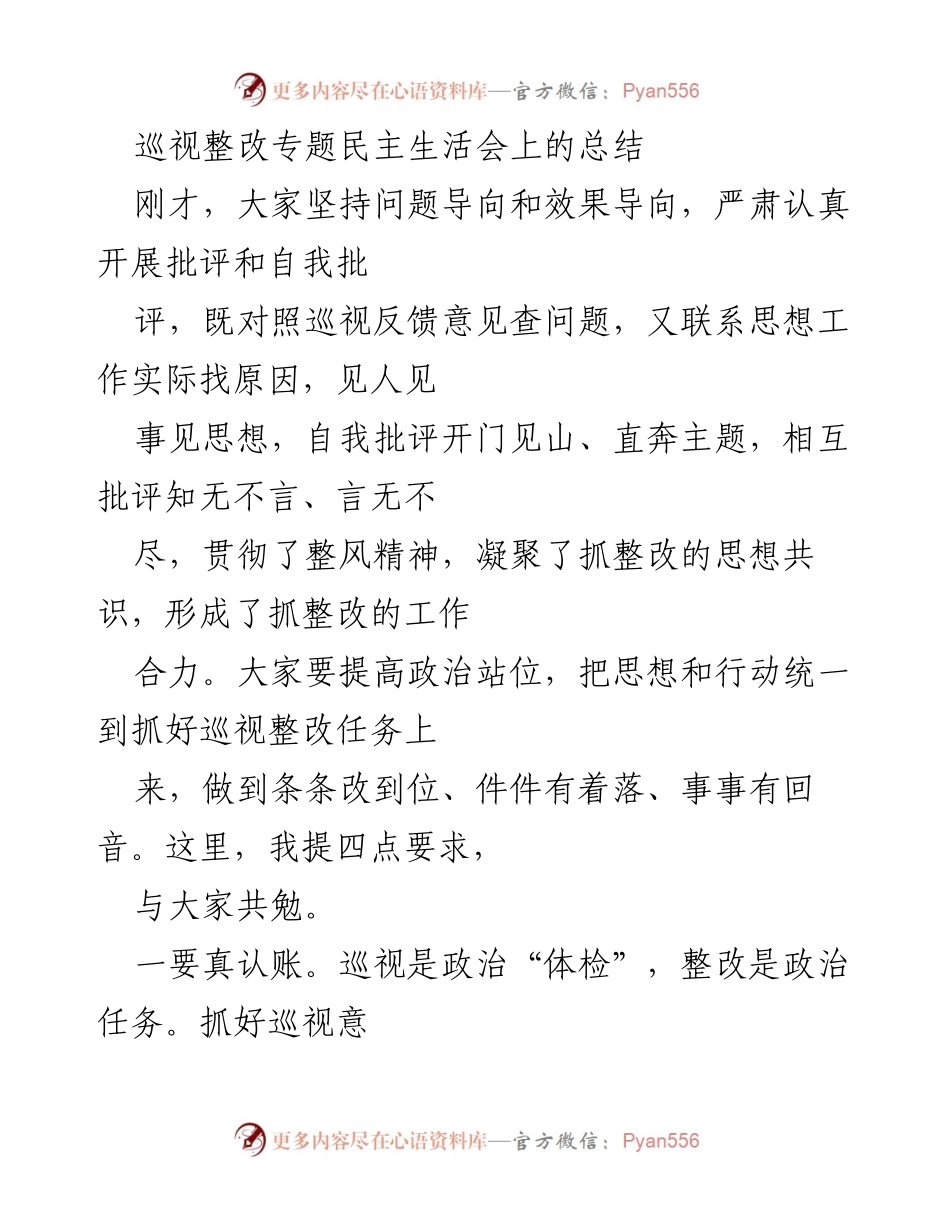 [发言] 巡视整改专题民主生活会 - 巡视整改落实的四点要求与思考.docx_第1页