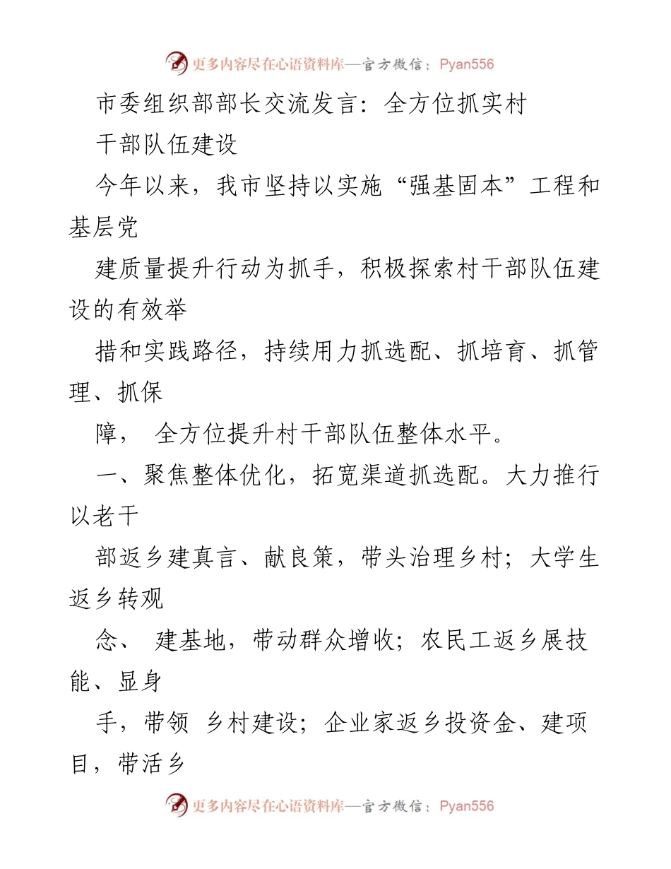 [发言] 市委组织部交流 - 全面提升村干部队伍建设的有效措施与实践.docx_第1页