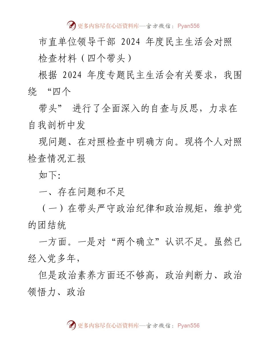 [发言] 市直单位领导干部 2024 年度民主生活会 - 2024 年度民主生活会自查反思报告.docx_第1页