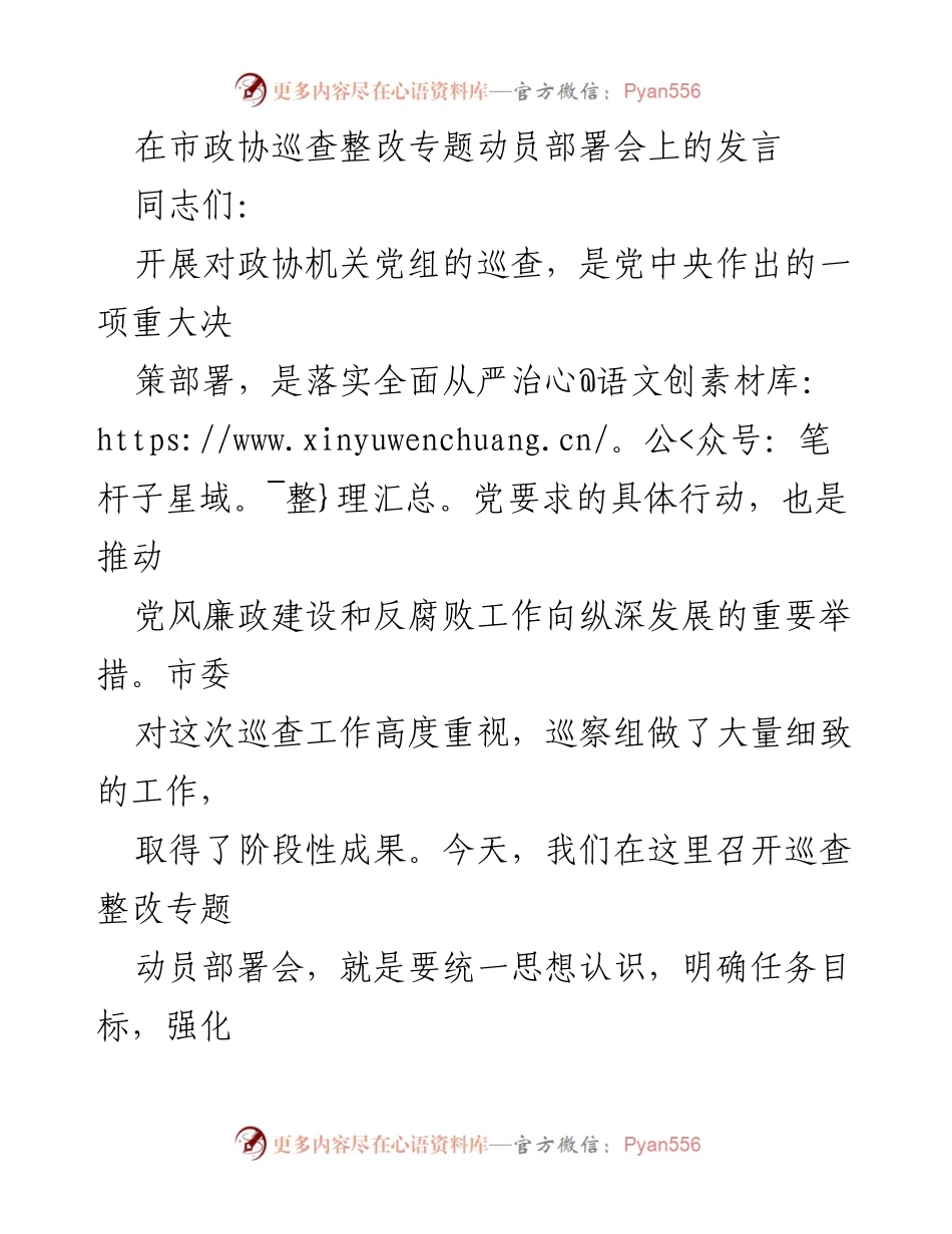 [发言] 市政协巡查整改专题动员部署会 - 强化政治责任，推动巡查整改落实.docx_第1页