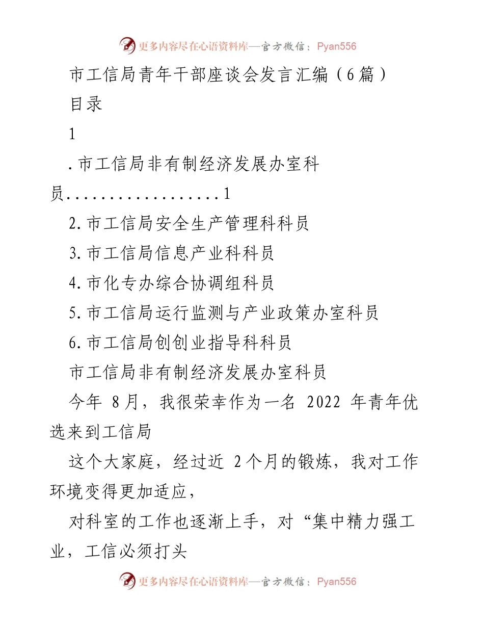 [发言] 市工信局青年干部座谈会 - 青年干部的成长与实践分享.docx_第1页