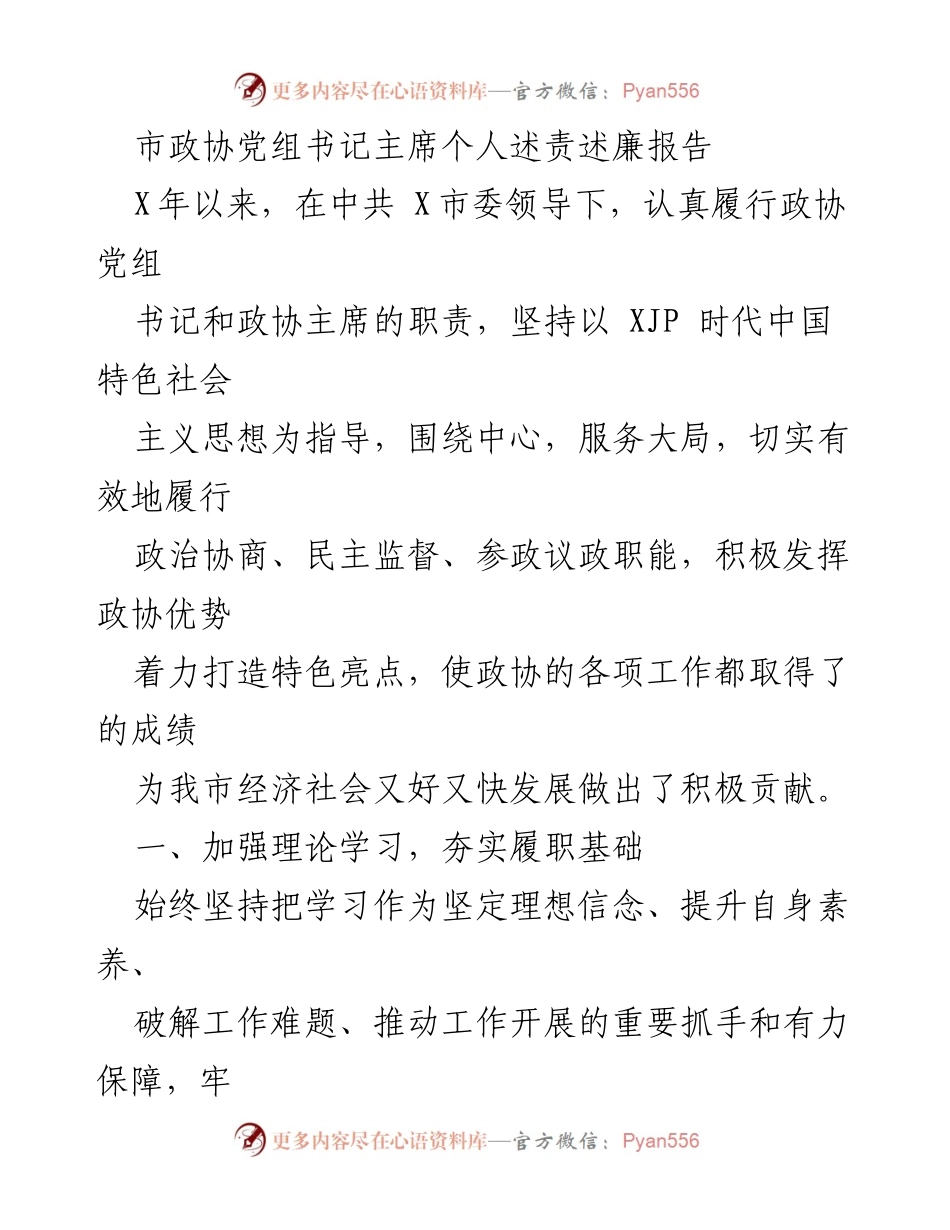 [发言] 市政协会议 - 市政协党组书记主席述责述廉报告.docx_第1页