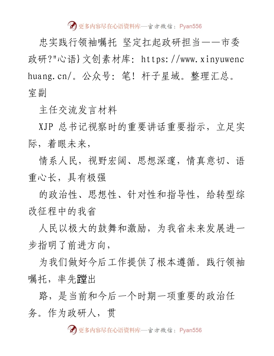 [发言] 市委政研室交流会 - 忠实践行领袖嘱托，坚定扛起政研担当.docx_第1页