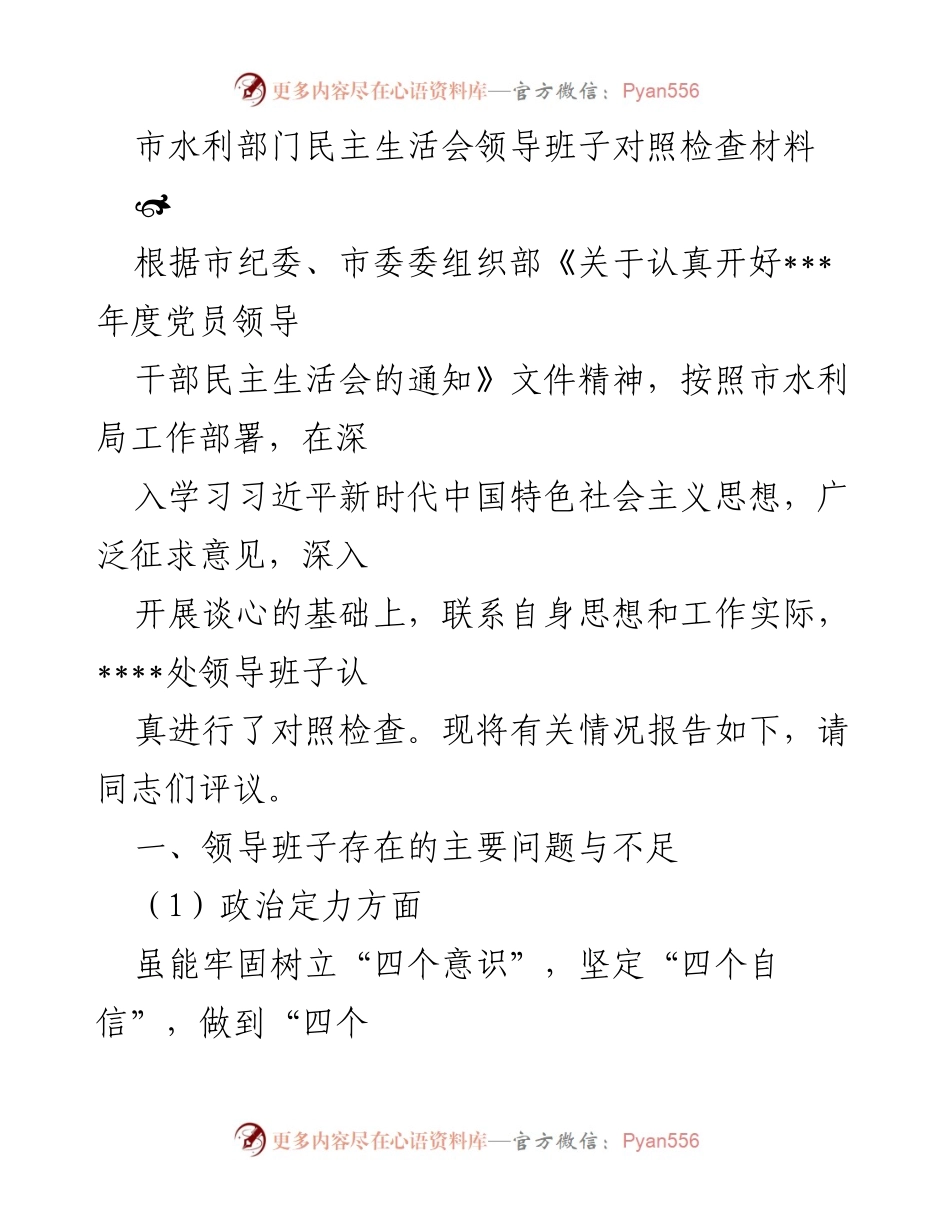 [发言] 市水利部门民主生活会 - 市水利部门领导班子对照检查报告.docx_第1页