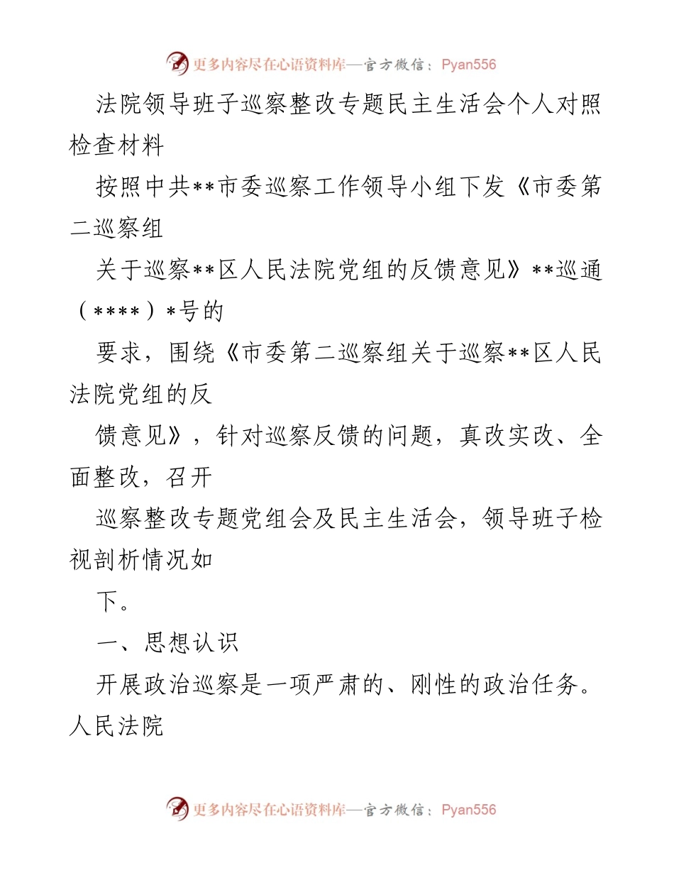 [发言] 巡察整改会议 - 法院领导班子巡察整改专题民主生活会个人对照检查材料.docx_第1页