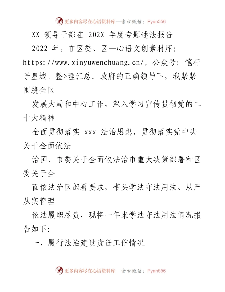 [发言] 年度述法报告 - XX 领导干部2022年度法治建设工作总结报告.docx_第1页