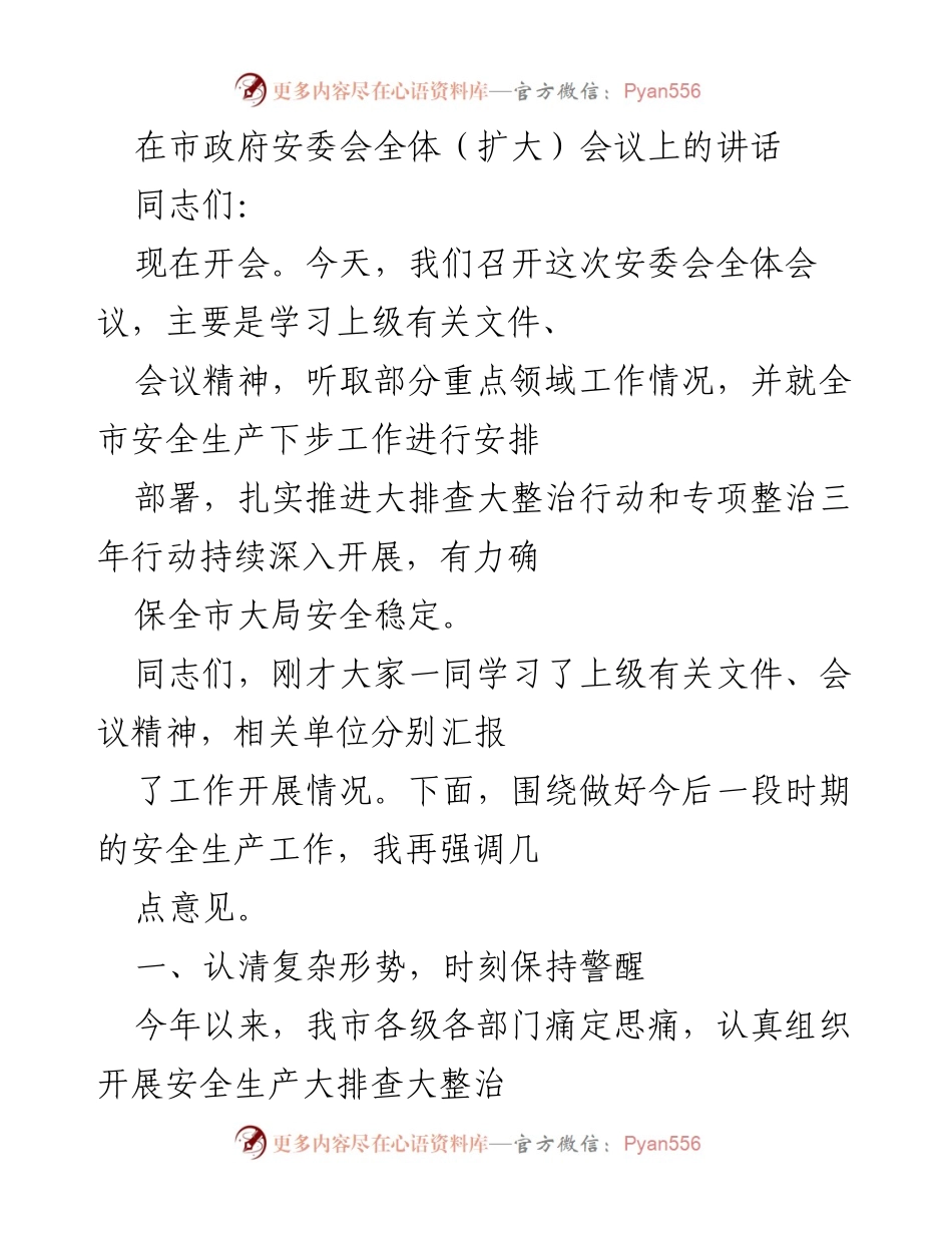 [发言] 市政府安委会全体（扩大）会议 - 加强安全生产工作，确保全市安全稳定.docx_第1页