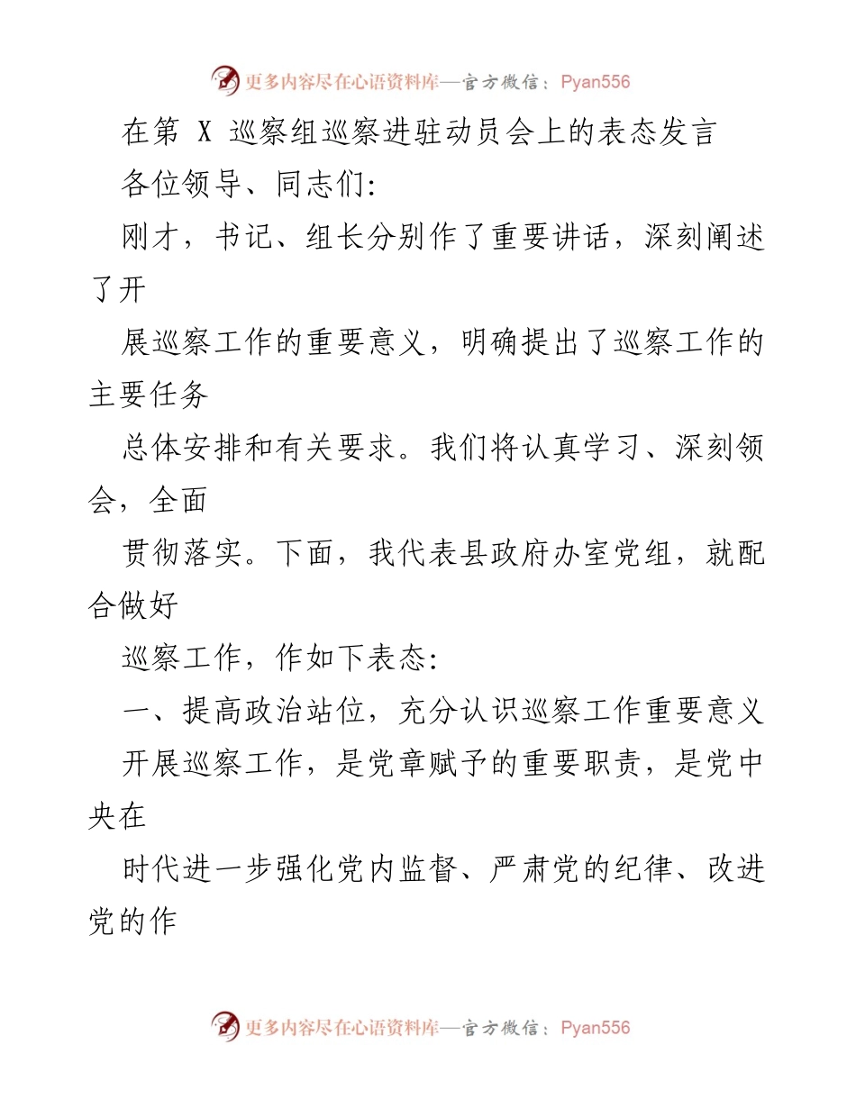 [发言] 巡察进驻动员会 - 坚决支持巡察工作，提升政治站位与整改能力.docx_第1页