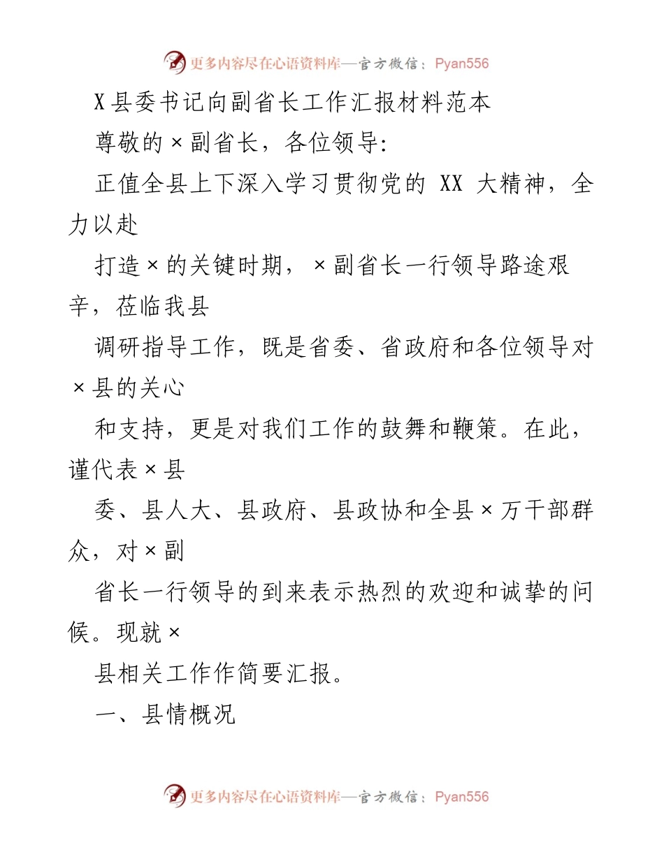 [发言] 工作汇报 - X县委书记向副省长汇报县情与发展计划.docx_第1页