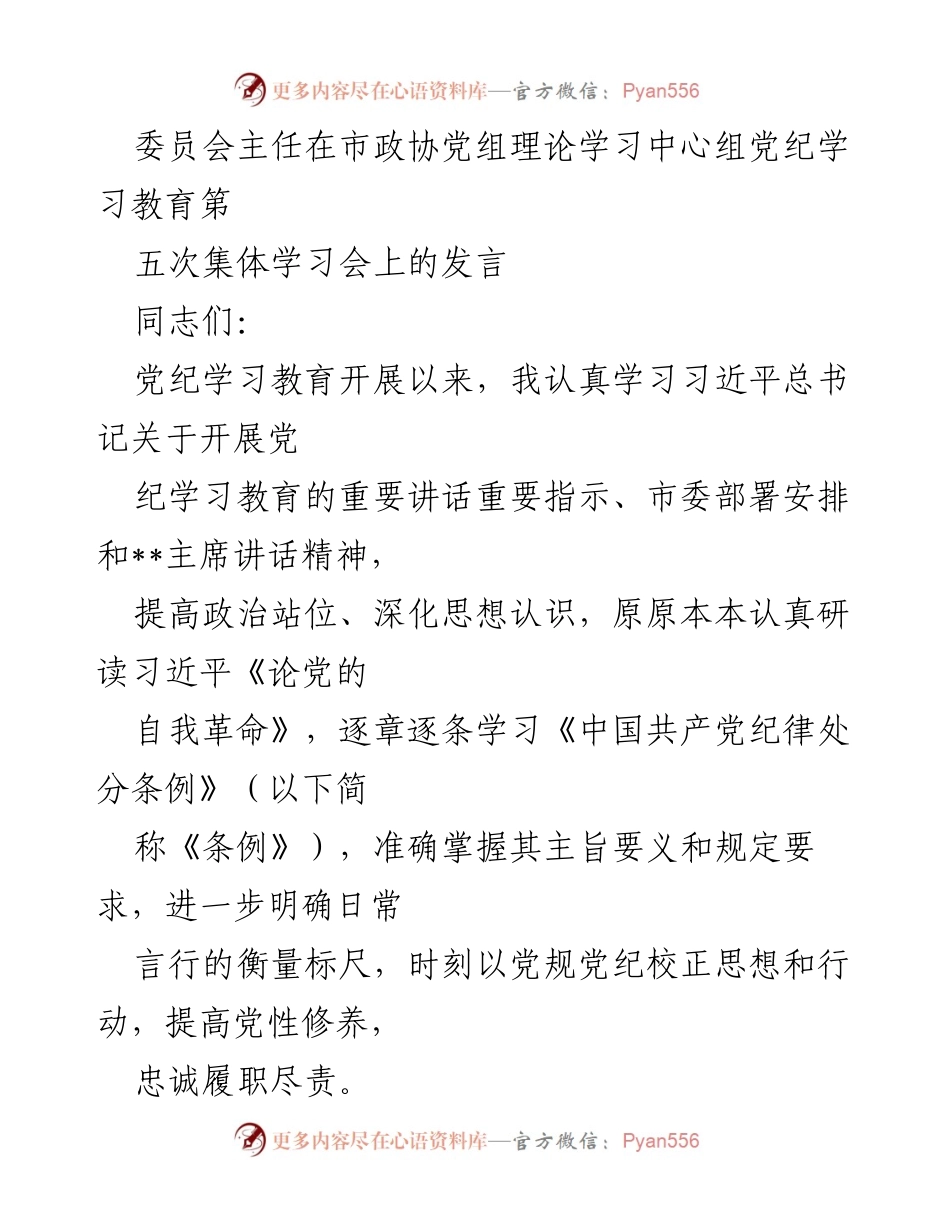 [发言] 市政协党组理论学习中心组学习会 - 深入学习《条例》 提升政治站位与纪律意识.docx_第1页
