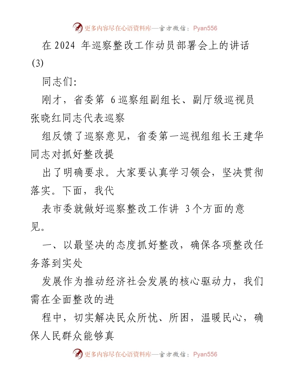 [发言] 巡察整改工作动员部署会 - 强化巡察整改，推动经济社会高质量发展.docx_第1页