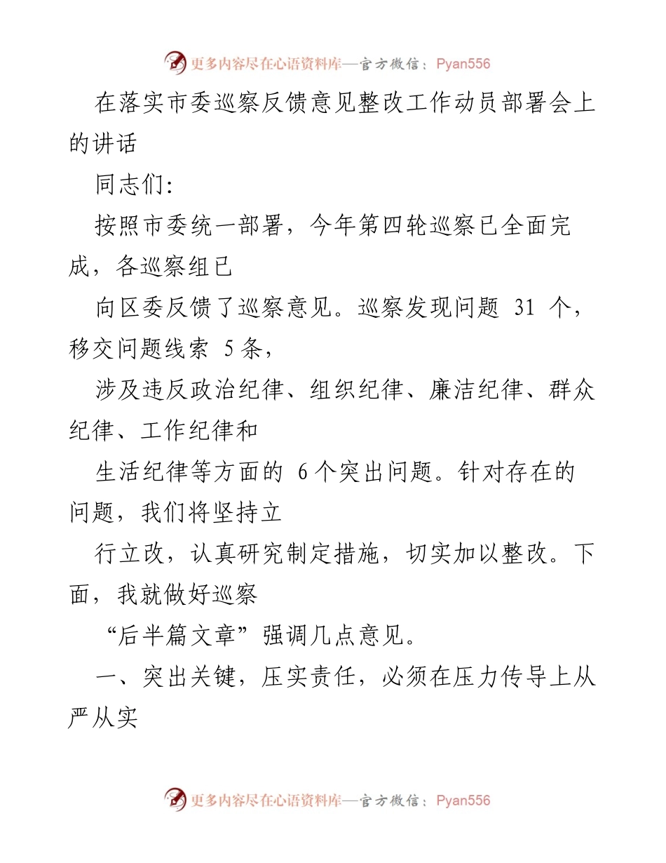 [发言] 工作动员部署会 - 巡察反馈整改工作动员讲话.docx_第1页