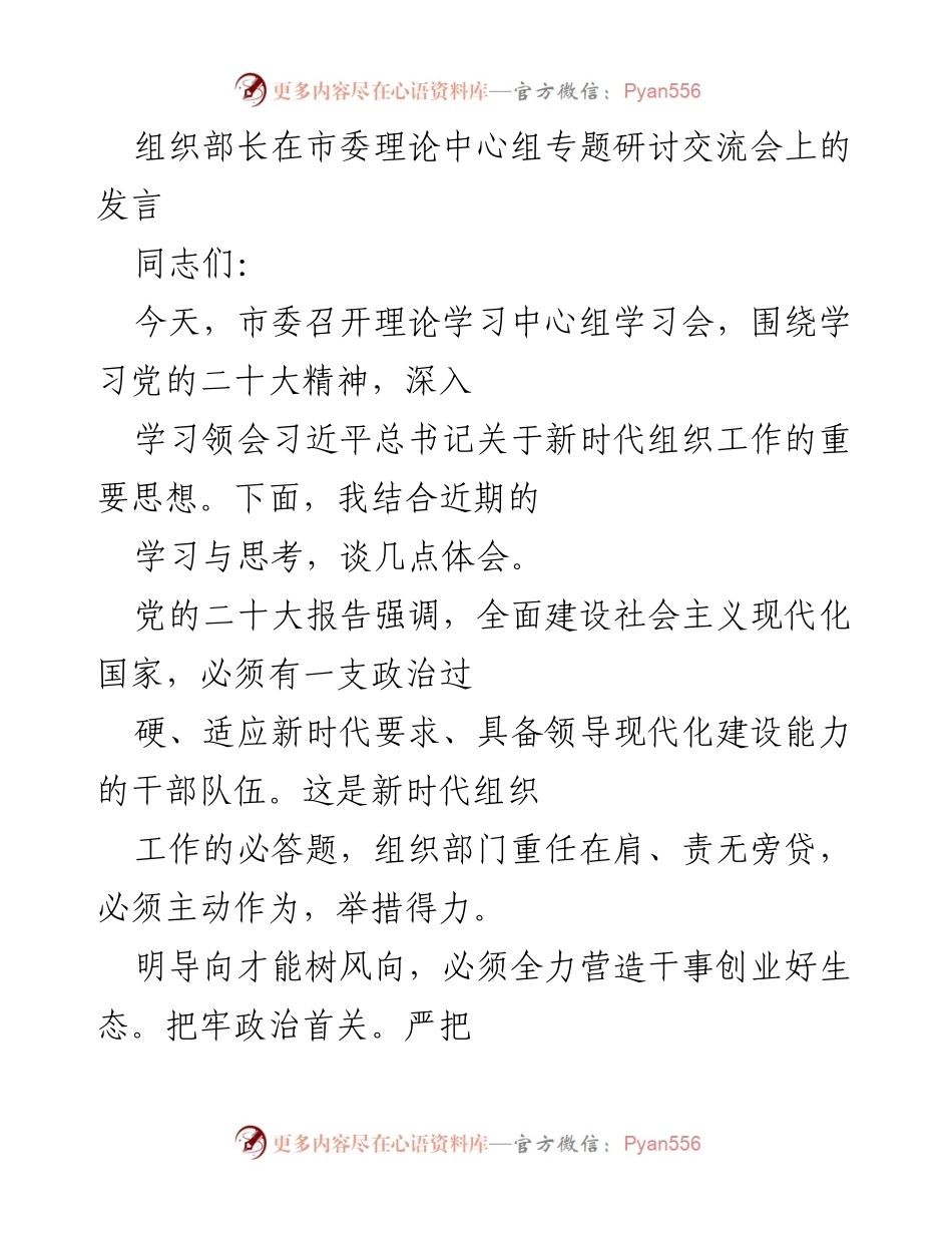 [发言] 市委理论中心组专题研讨交流会 - 深入学习党的二十大精神，强化新时代组织工作责任.docx_第1页