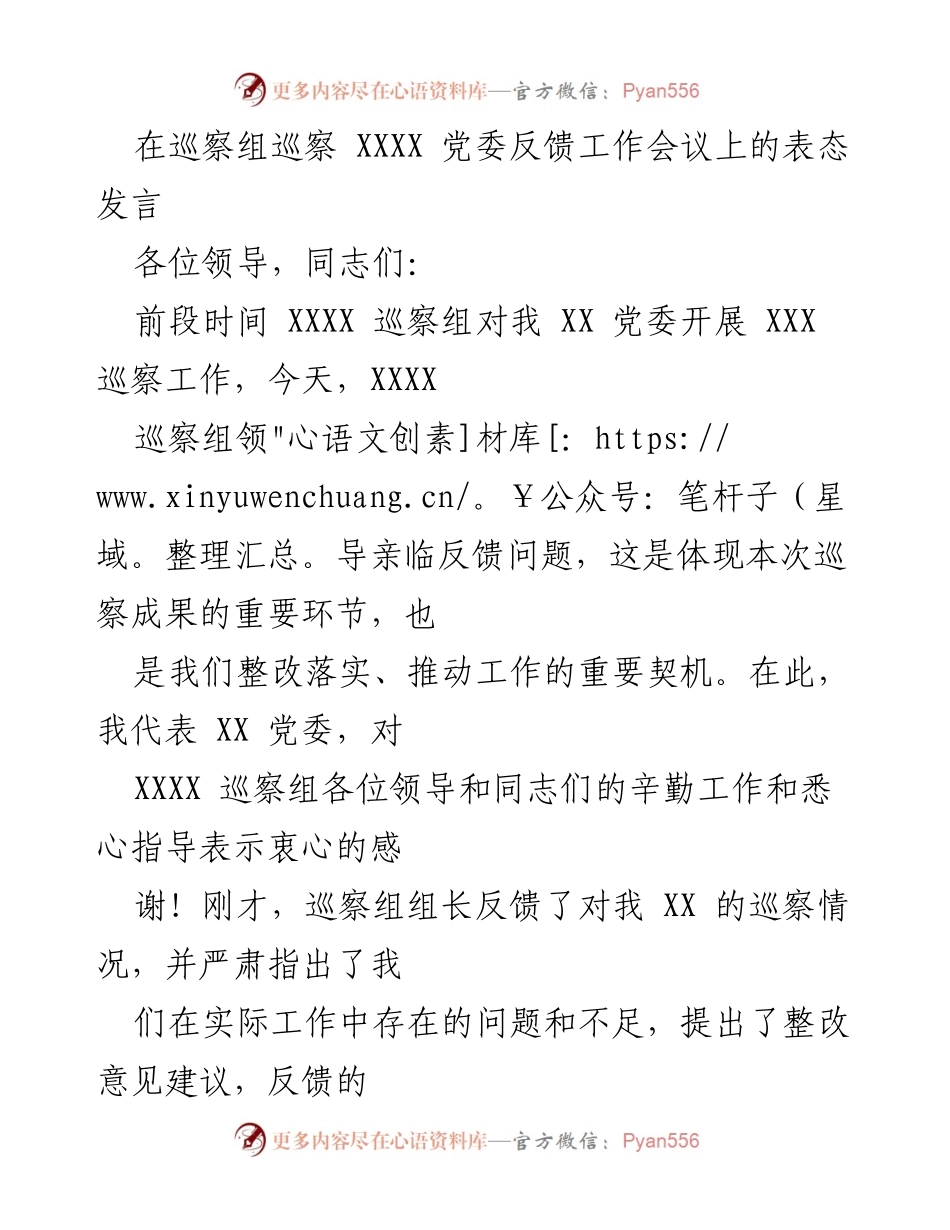 [发言] 巡察组反馈工作会议 - 巡察整改表态发言.docx_第1页