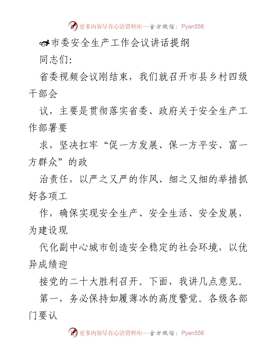 [发言] 市委安全生产工作会议 - 加强安全生产责任落实，确保社会安全稳定.docx_第1页
