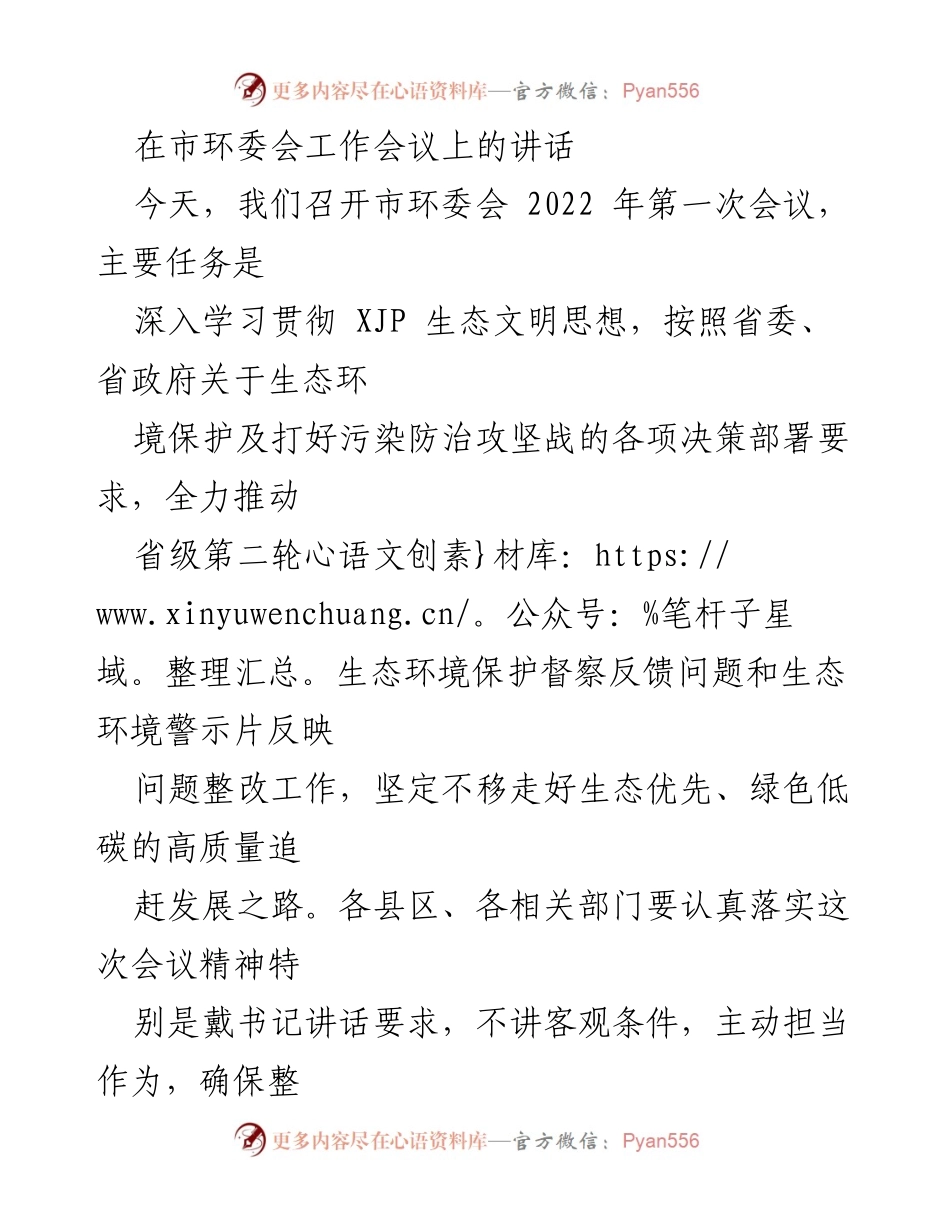 [发言] 市环委会工作会议 - 深入推进生态环境保护与整改工作.docx_第1页