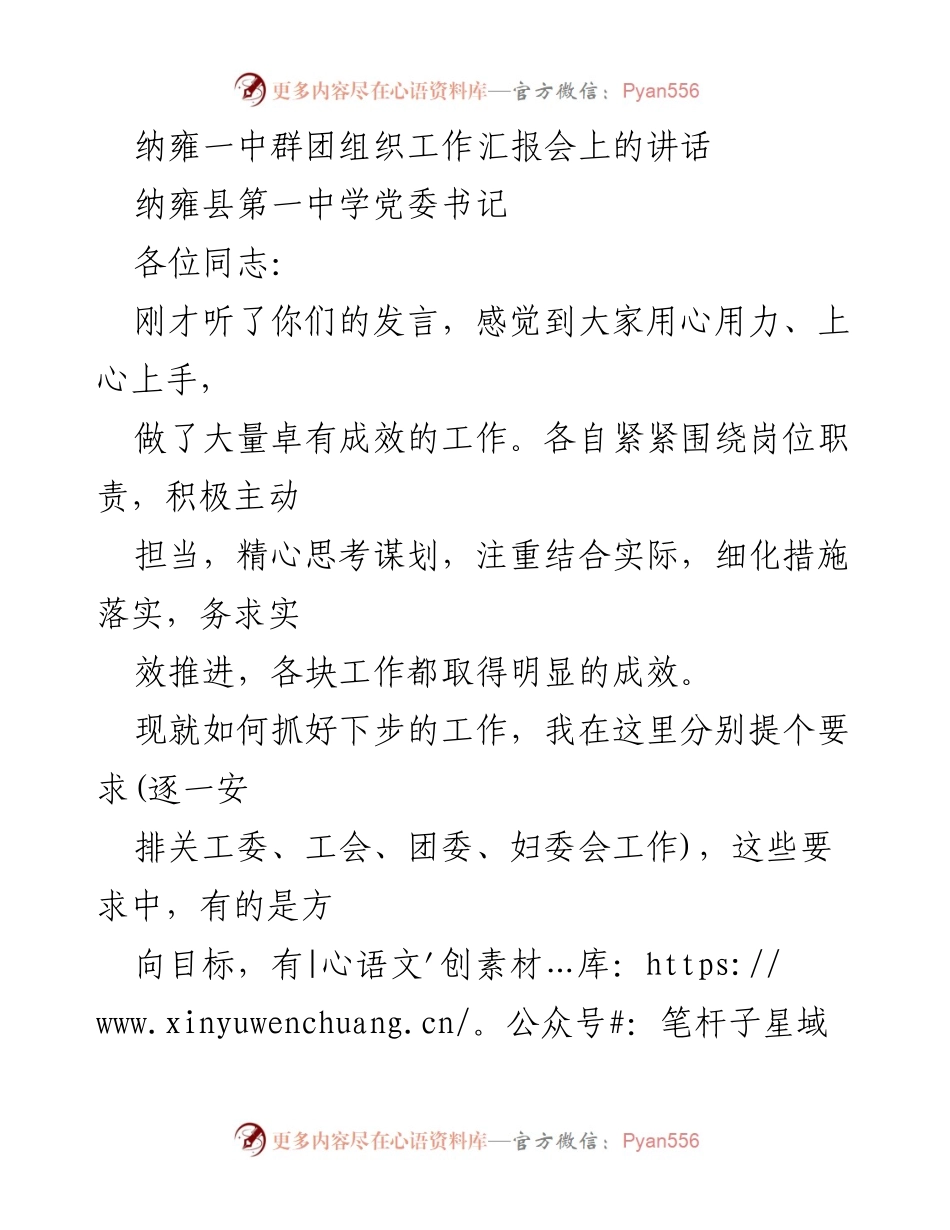 [发言] 工作汇报会 - 纳雍一中群团组织工作提升策略讲话.docx_第1页