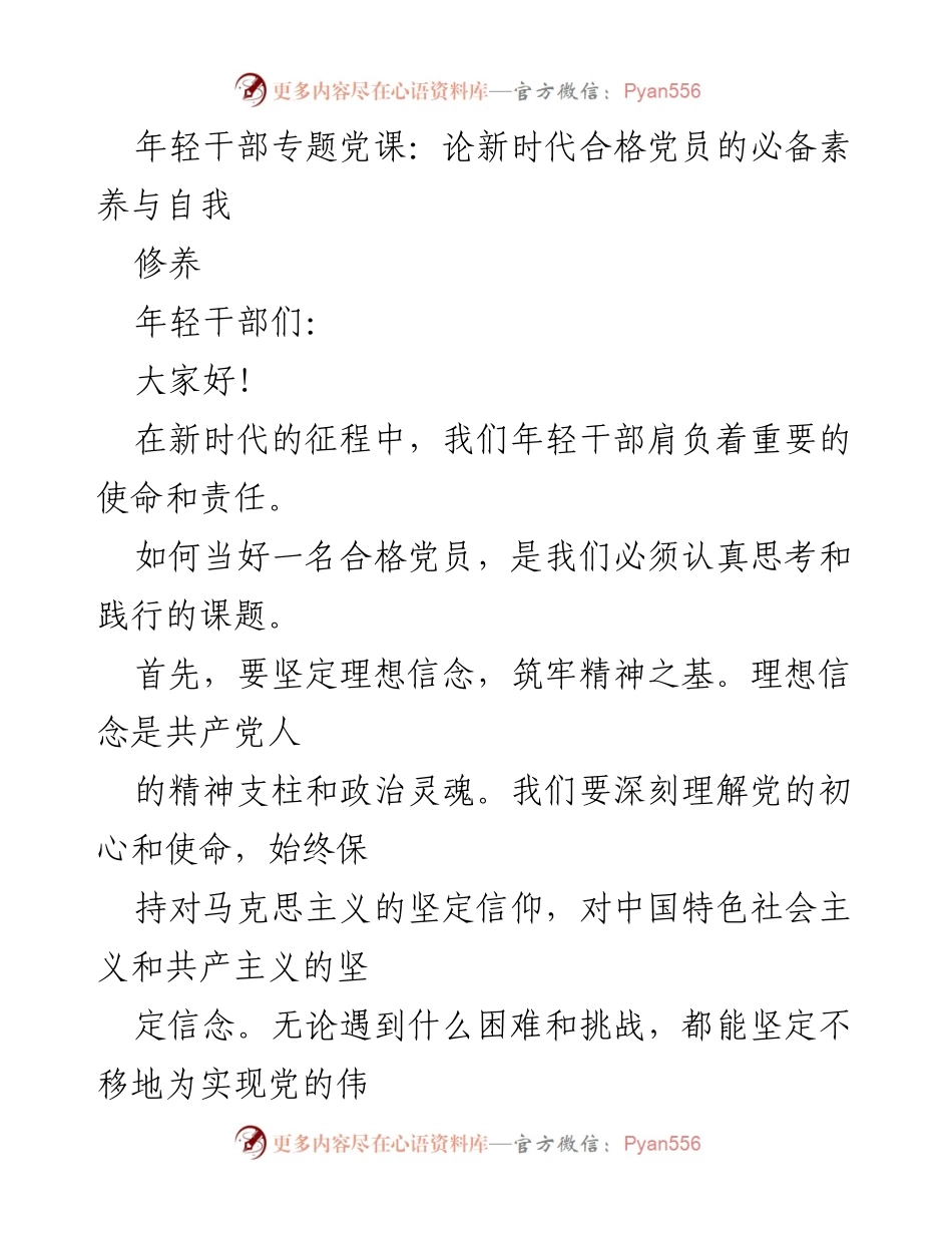 [发言] 年轻干部专题党课 - 新时代合格党员的素养与责任.docx_第1页