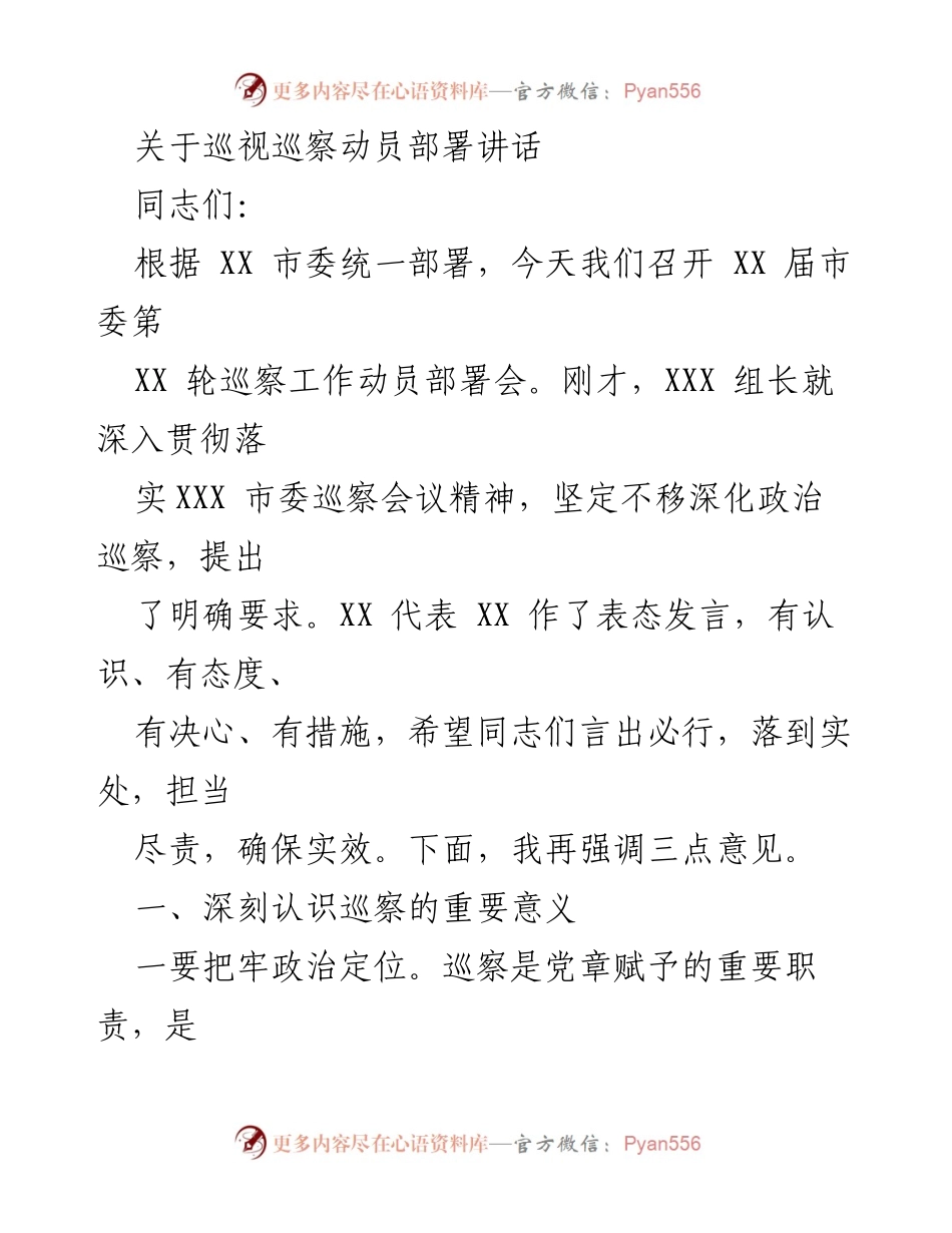 [发言] 巡视巡察工作动员部署会 - 巡察工作的重要性与实施要求.docx_第1页