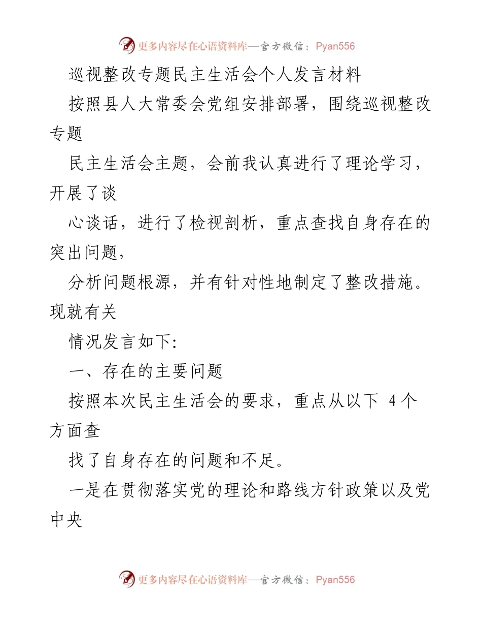[发言] 巡视整改专题民主生活会 - 深刻剖析自身问题与整改措施_1.docx_第1页