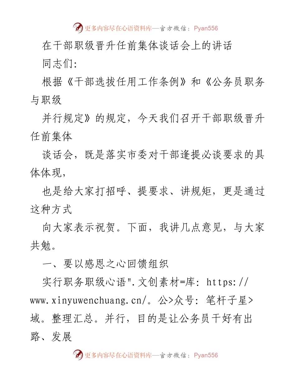 [发言] 干部职级晋升任前集体谈话会 - 强调职级晋升的重要性与责任担当.docx_第1页